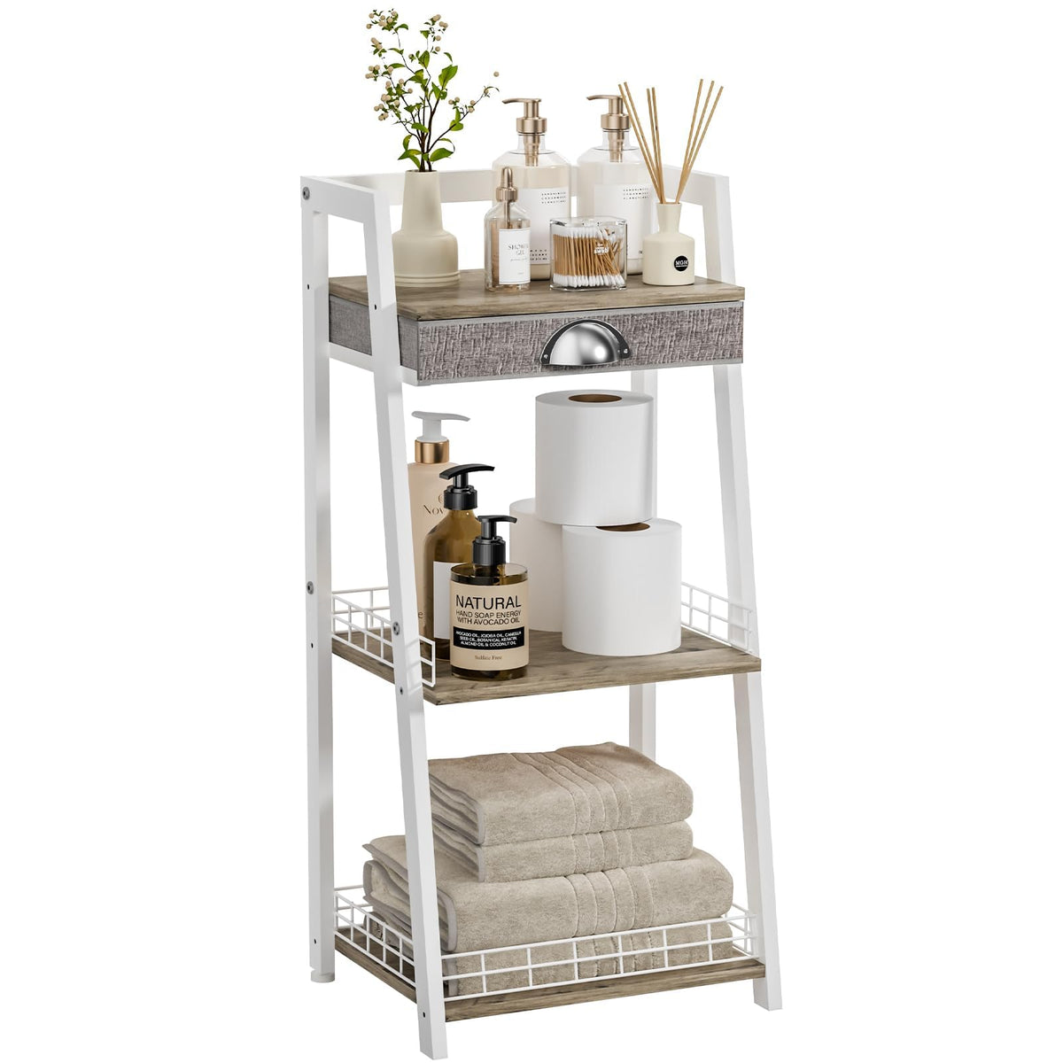 keomaisyto 3-Tier Narrow Bathroom Shelves with Drawer, Bathroom Organizers and Storage, Open Floor Ladder Shelf, Freestanding Tower Slim Standing Unit for Small Spaces - 2 Pack