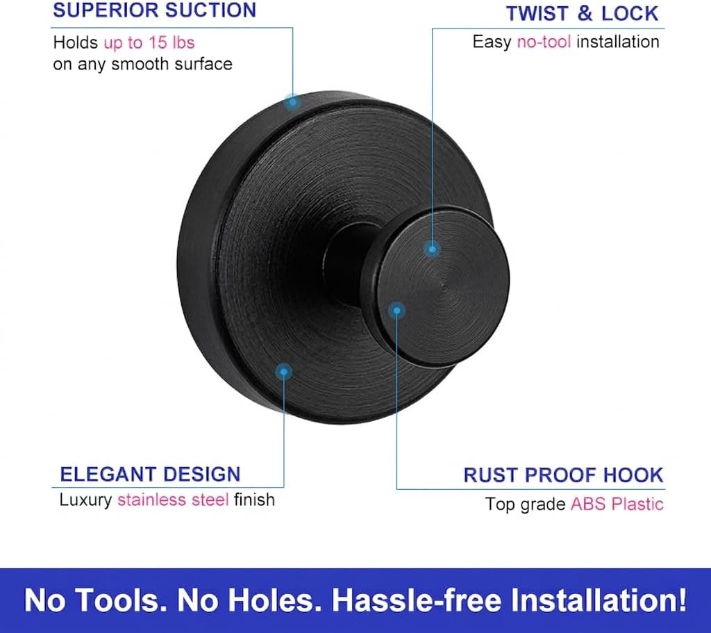 2 Pack Heavy Duty Suction Cup Hooks for Shower, Vacuum Lock Stainless Steel Bathroom Towel Hooks, No Drill Removable Rustproof Robe and Loofah Hangers for Glass Tile Mirror, Holds 12 lb