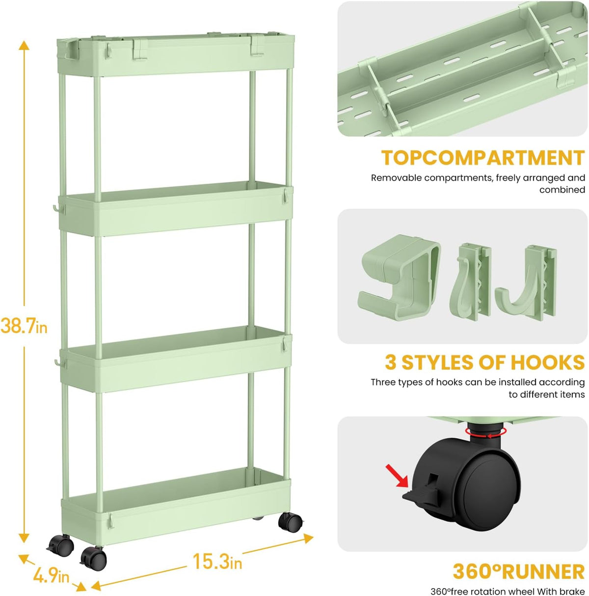SPACELEAD Slim Storage Cart 4 Tier,Bathroom Organizer Rolling Utility,Mobile Shelving Unit Slide Out for Office, Kitchen, Laundry Room & Narrow Places,Green