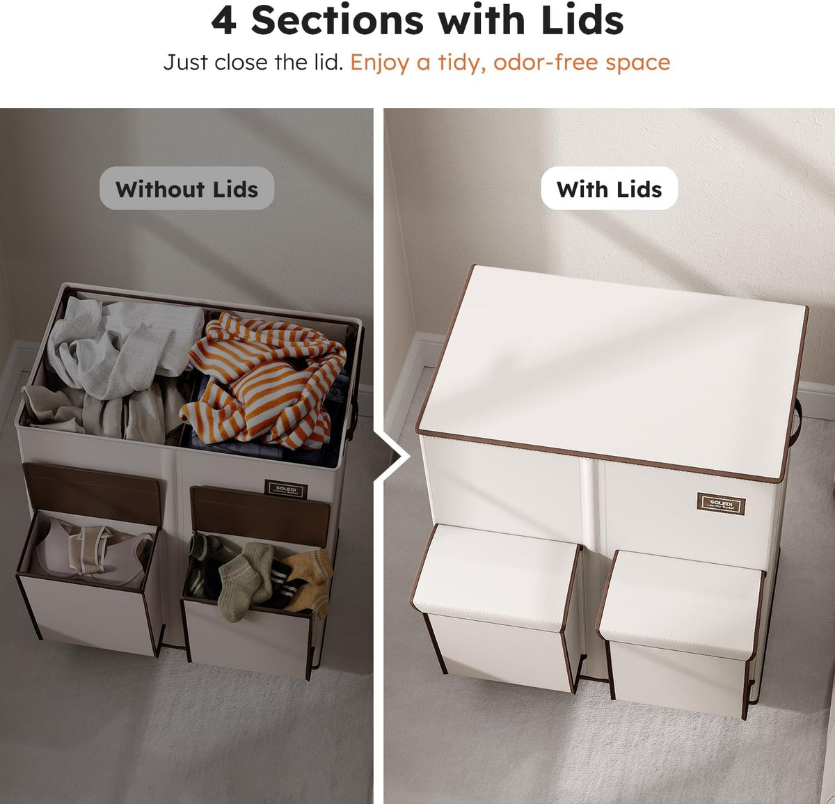 SOLEDI 180L Double Laundry Hamper with Lid and 2 Side Pockets, Dual Hamper