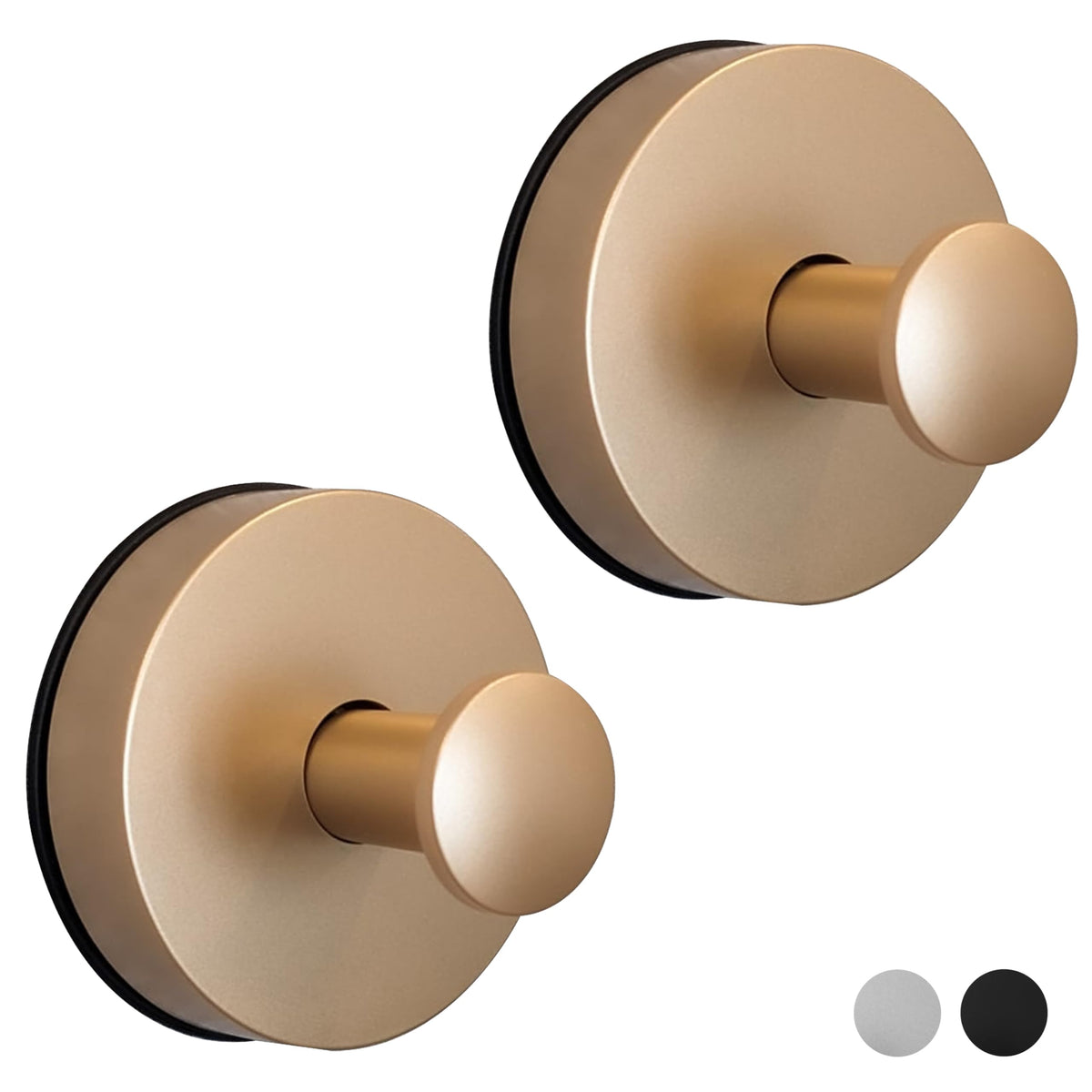 Suction Cup Hooks for Shower, Bathroom, Glass Door, Mirror, Tile - Loofah, Towel, Coat, Robe for Hanging up to 15 lbs – Brushed Gold, Matte Chrome Nickel, Black - 2 pack (Brushed Gold)
