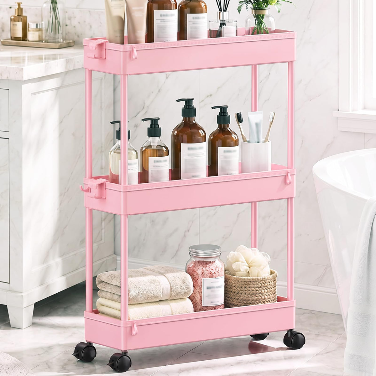 SPACEKEEPER Slim Rolling Storage Cart, 3 Tier Bathroom Storage Organizer Laundry Room Utility Cart Mobile Shelving Unit, Multi-Purpose for Kitchen Office Bathroom Laundry Narrow Places, Black