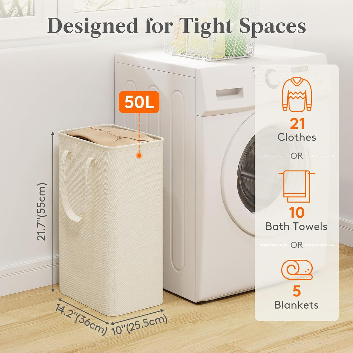 Lifewit Slim Collapsible Laundry Basket with Handles, 50L, Beige