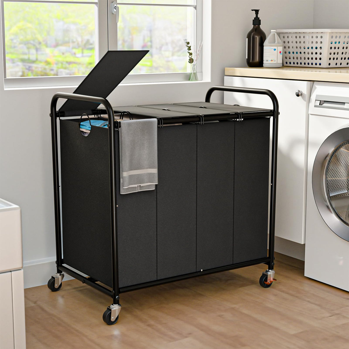 180L Laundry Sorter 3 Section, Rolling Laundry Basket with Wheels and Lid