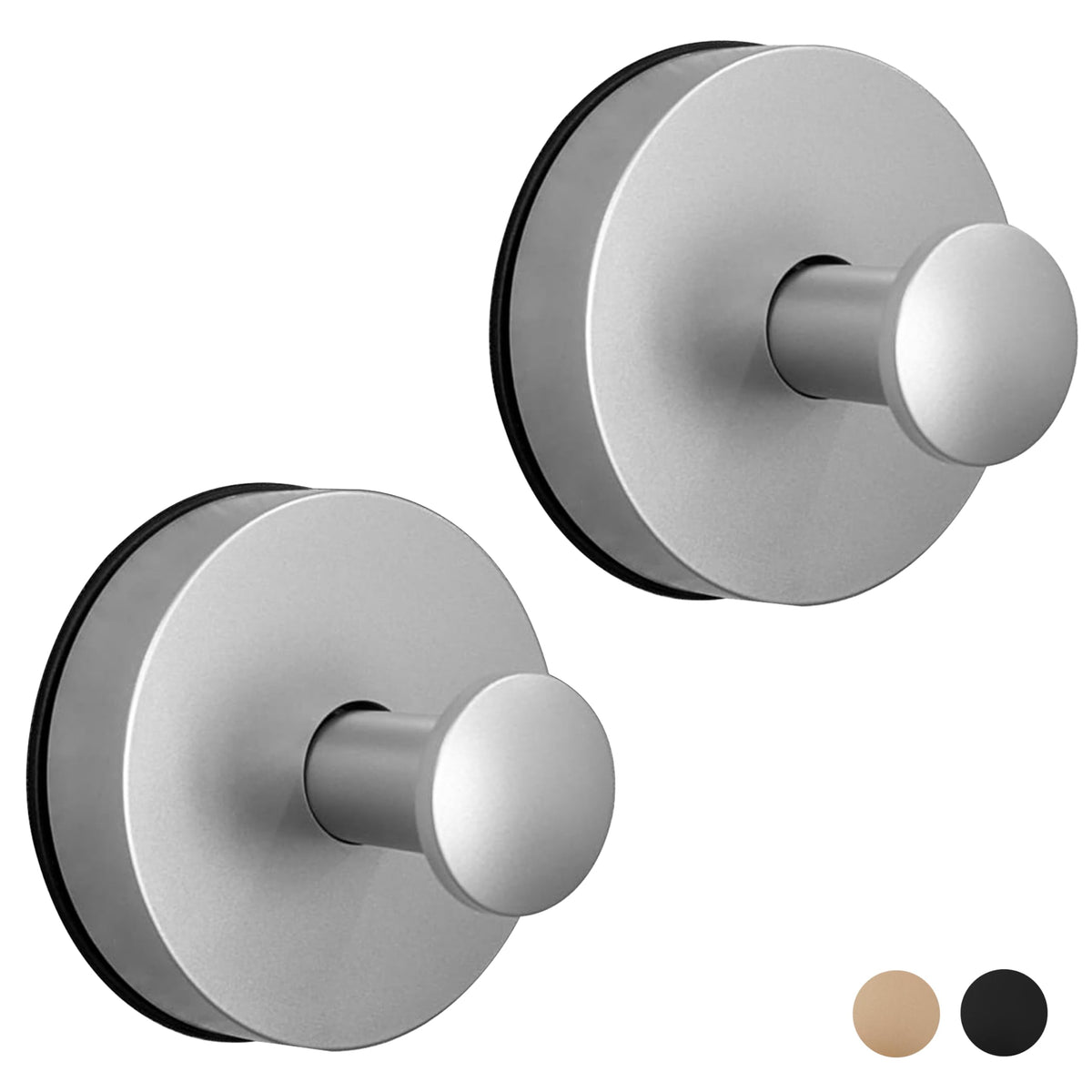 Suction Cup Hooks for Shower, Bathroom, Glass Door, Mirror, Tile - Loofah, Towel, Coat, Robe for Hanging up to 15 lbs – Brushed Gold, Matte Chrome Nickel, Black - 2 pack (Brushed Gold)