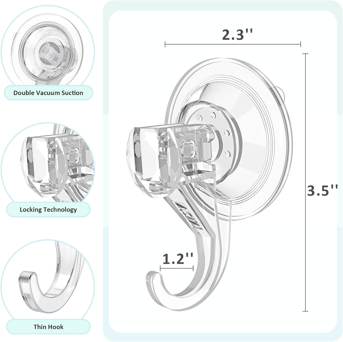 VIS'V Shower Suction Cup Hooks, Removable and Reusable, Clear, Small, 2 Pcs