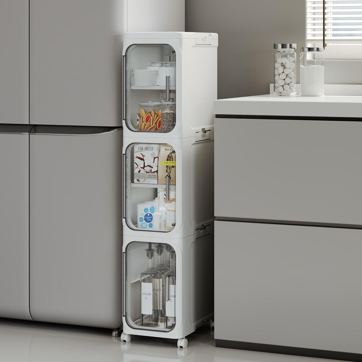 Narrow Slim Bathroom Storage Cabinet with Wheels, 4-Tier White
