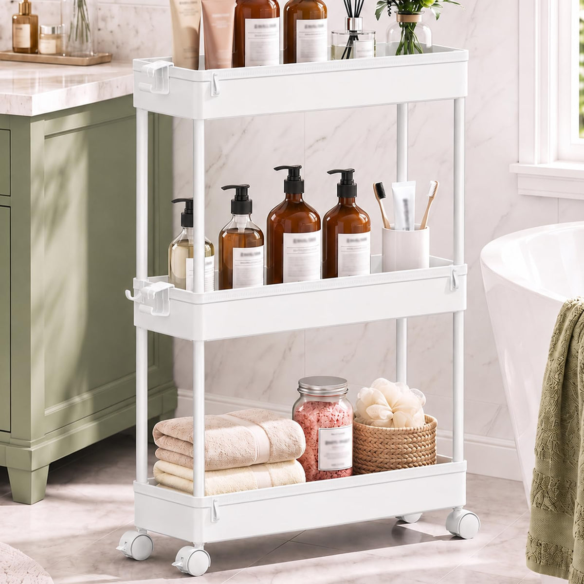 SPACEKEEPER Slim Rolling Storage Cart, 3 Tier Bathroom Storage Organizer Laundry Room Utility Cart Mobile Shelving Unit, Multi-Purpose for Kitchen Office Bathroom Laundry Narrow Places, Black