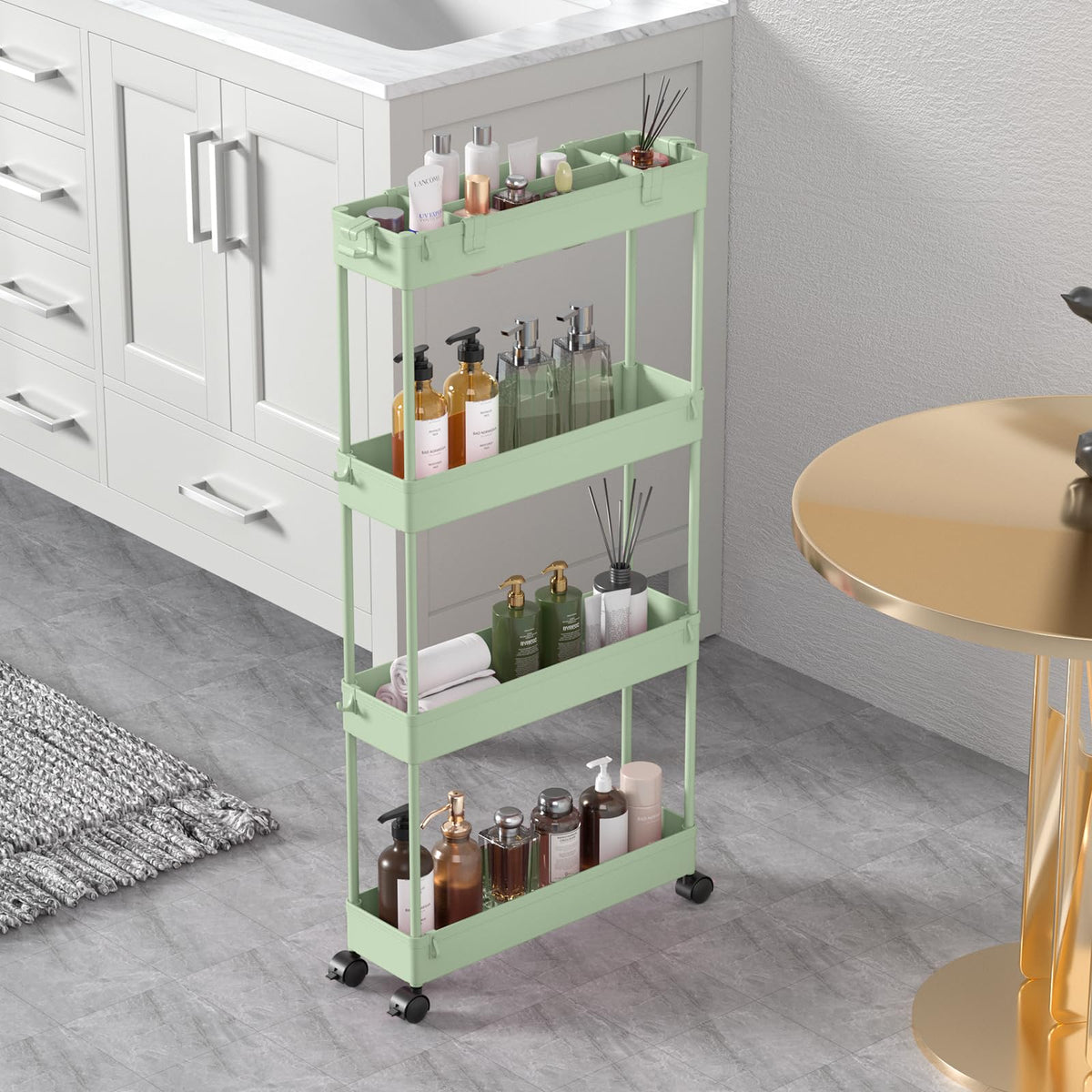 SPACELEAD Slim Storage Cart 4 Tier,Bathroom Organizer Rolling Utility,Mobile Shelving Unit Slide Out for Office, Kitchen, Laundry Room & Narrow Places,Pink