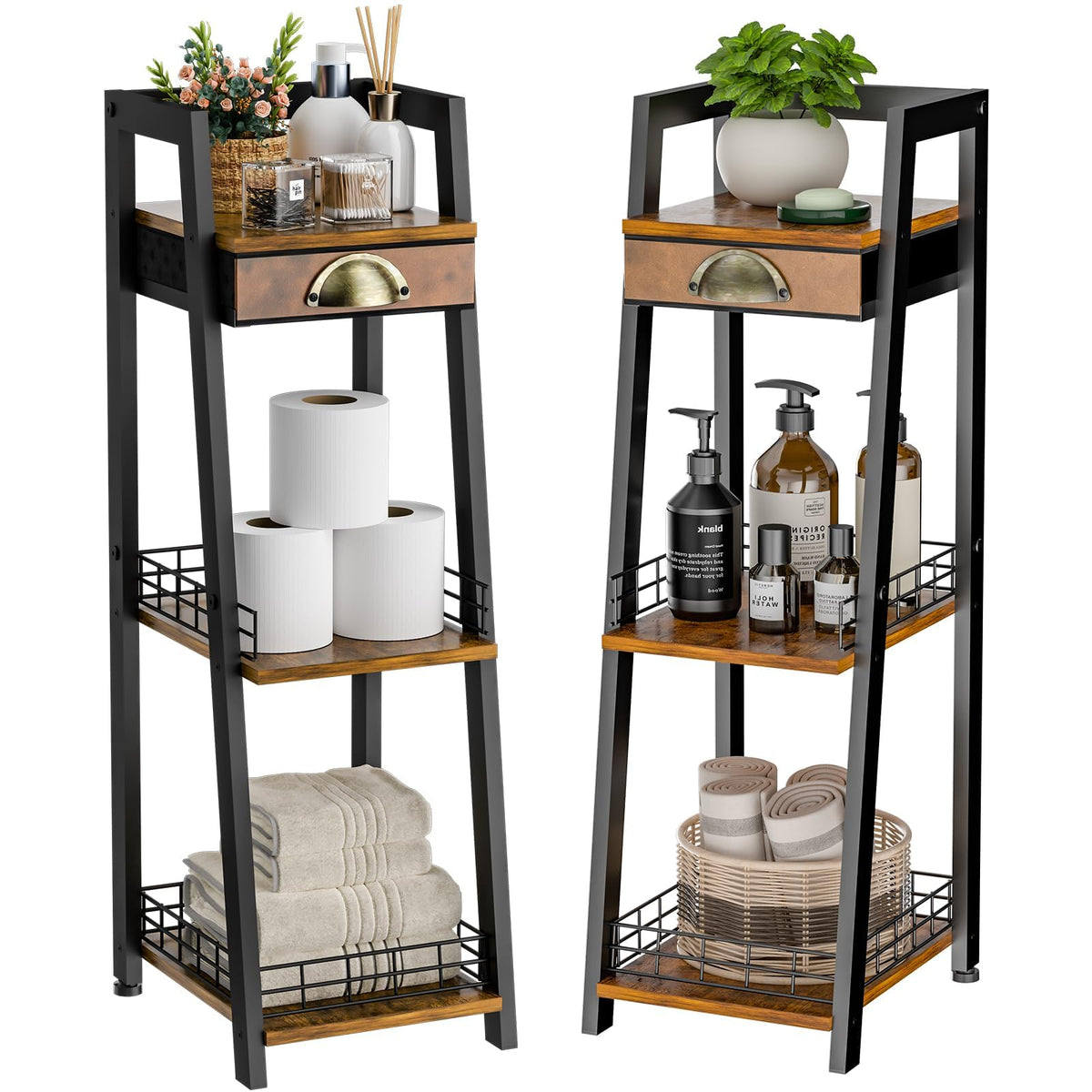 keomaisyto 3-Tier Narrow Bathroom Shelves with Drawer, Bathroom Organizers and Storage, Open Floor Ladder Shelf, Freestanding Tower Slim Standing Unit for Small Spaces - 2 Pack