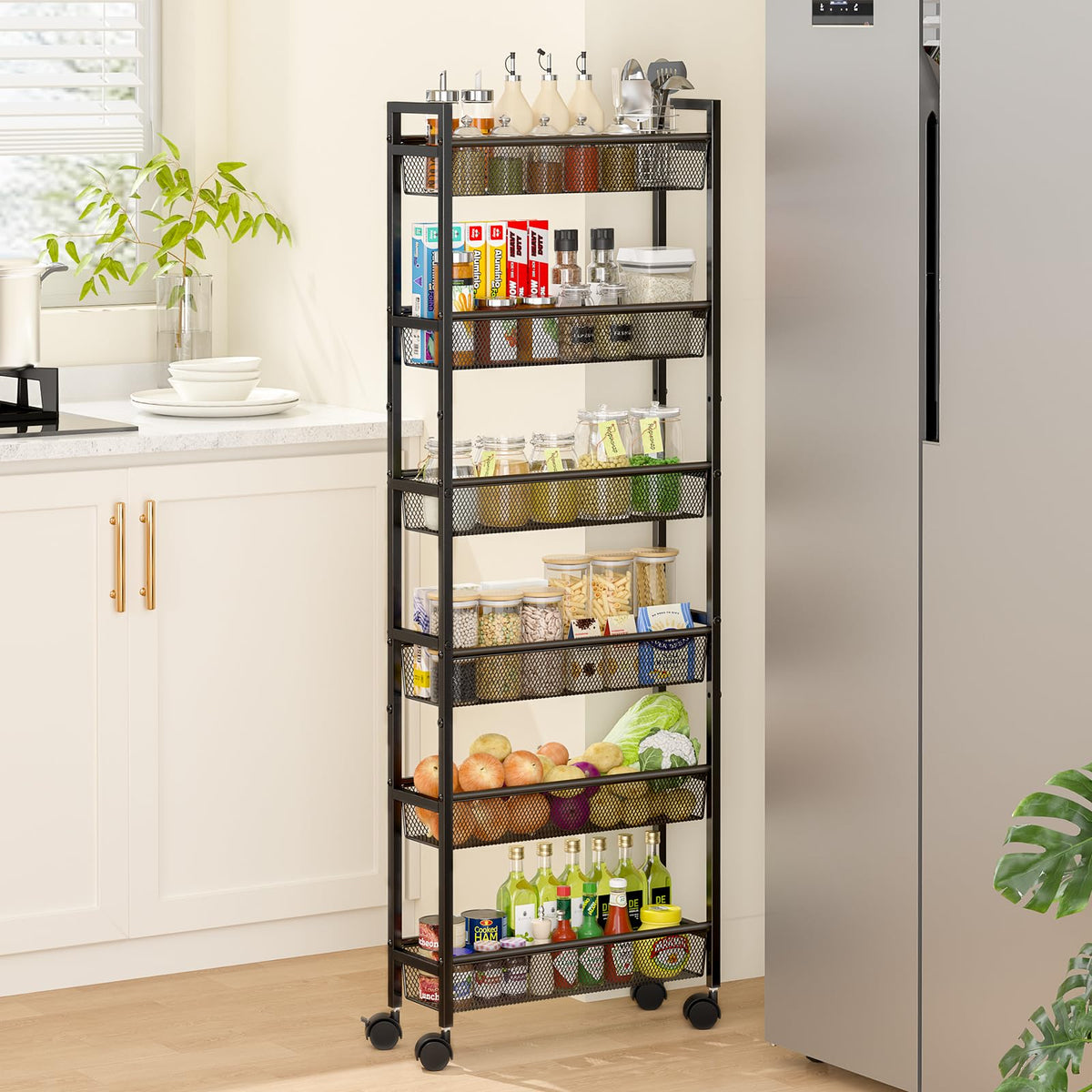 6 Tier Slim Rolling Storage Cart, Narrow Mobile Shelving Unit Organizer Utility Cart with Wheels, Metal Wire Storage Rack with Baskets for Kitchen, Bathroom, Laundry & Living Room, 10in(W) White