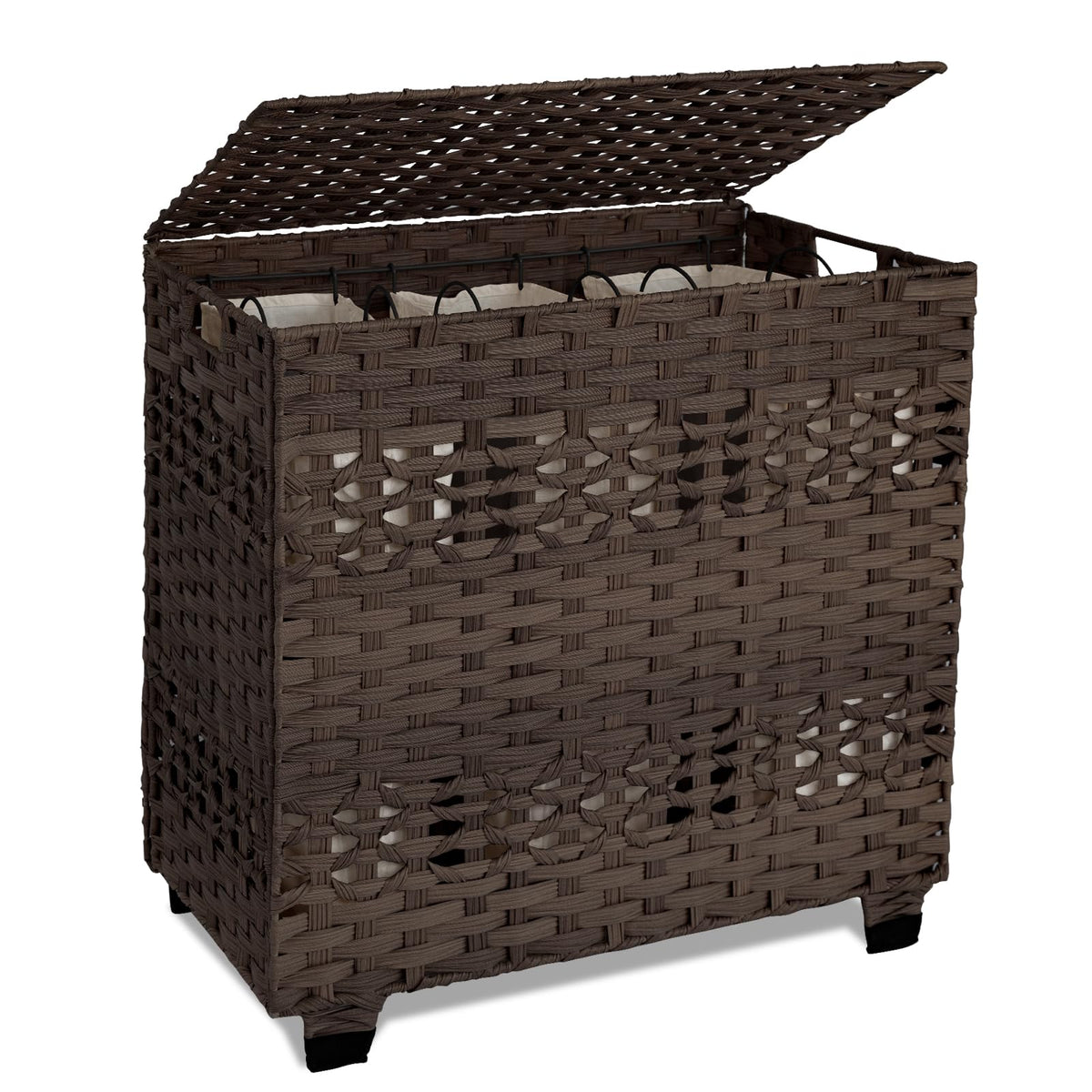 OIAHOMY Laundry Hamper with Lid, 140L Clothes Hamper with 3 Removable Liner Bags, Foldable Basket with Lid, Synthetic Wicker Laundry Basket for Bedroom, 27x 13 x 26 Inches, Yellow