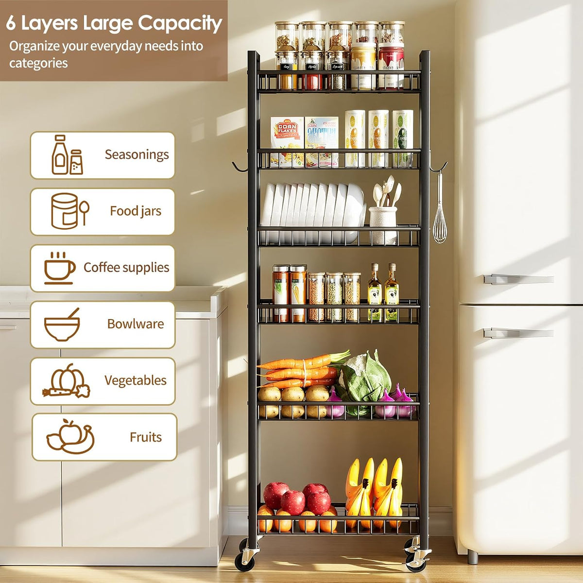 6 Tier Slim Storage Cart, Narrow Rolling Cart with Wheels, 10in(W)