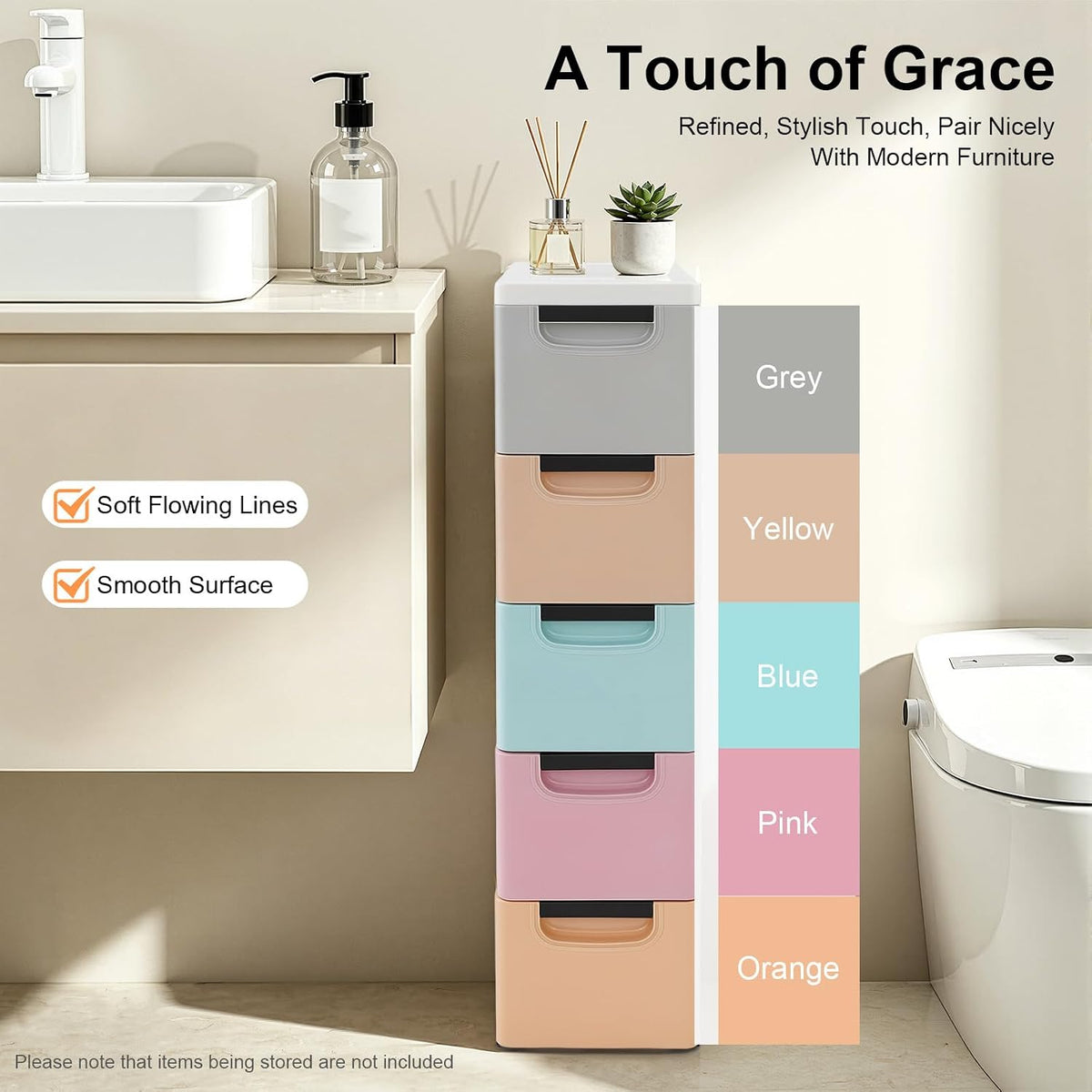 5-Drawer Storage Cabinet, Narrow Slim Organizer, Light Colors