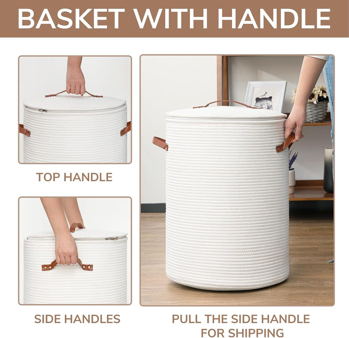 CHICVITA Large Woven Laundry Hamper with Lid & Leather Handles, 60L, White