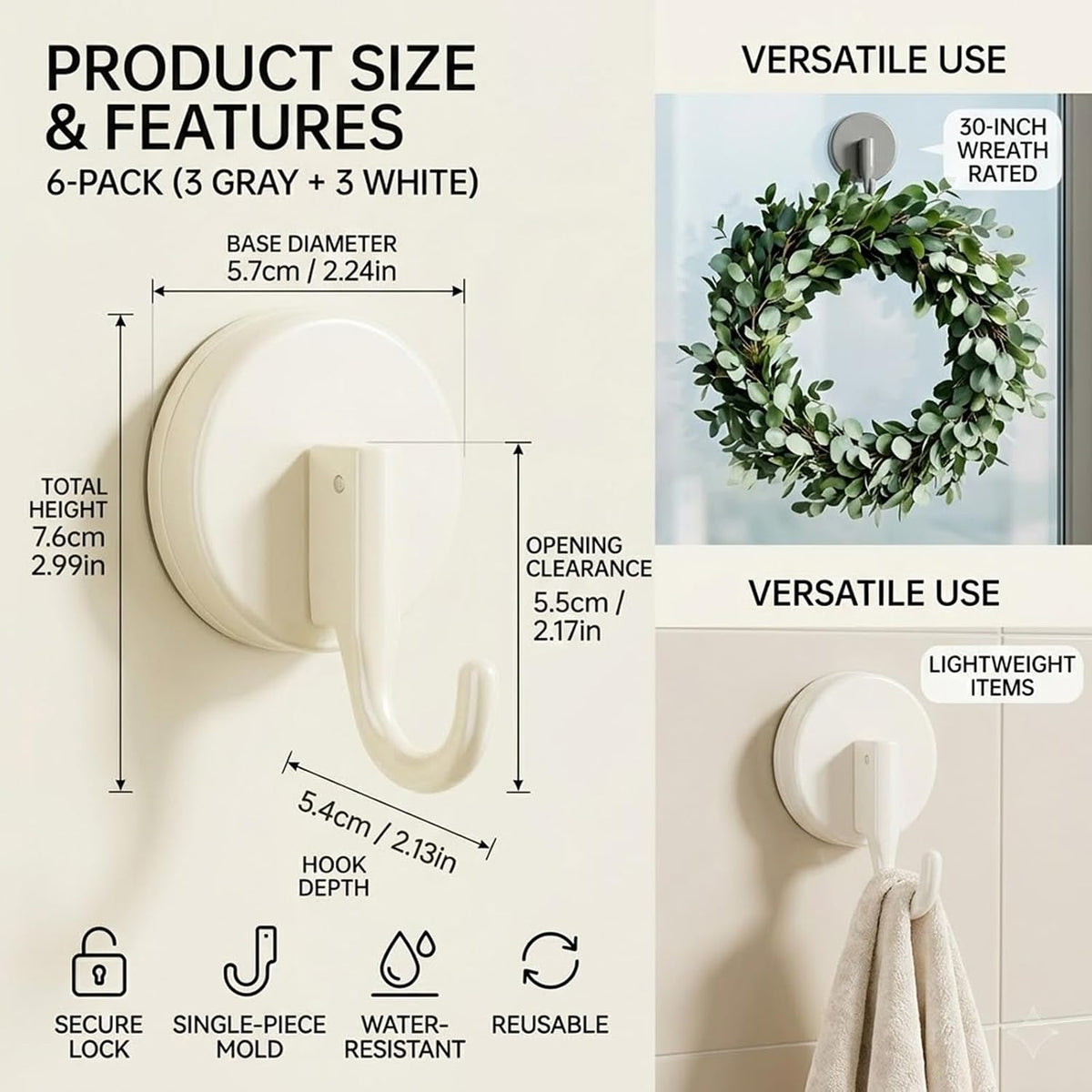 6Pcs Suction Cup Wreath Hooks – 3 Gray & 3 White, Over Door & Window Flip-Lock Hooks, Surface-Friendly Reusable Holiday Decor Hangers for Christmas, Thanksgiving, Halloween