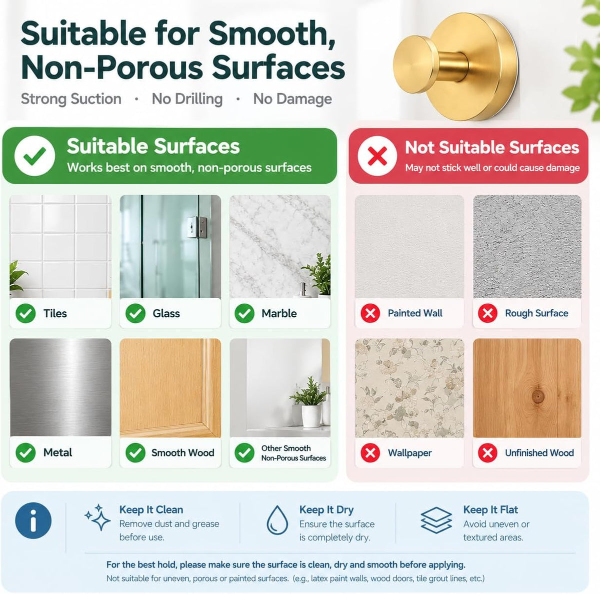 Suction Cup Hooks, No-Drill Heavy Duty Shower Hooks for Bathroom,2 Gold