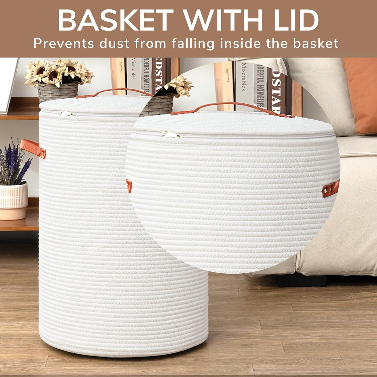 CHICVITA Large Woven Laundry Hamper with Lid & Leather Handles, 60L, White