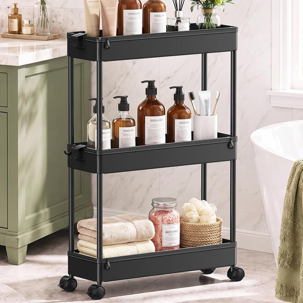 SPACEKEEPER Slim Rolling Storage Cart, 3 Tier Bathroom Storage Organizer Laundry Room Utility Cart Mobile Shelving Unit, Multi-Purpose for Kitchen Office Bathroom Laundry Narrow Places, Black
