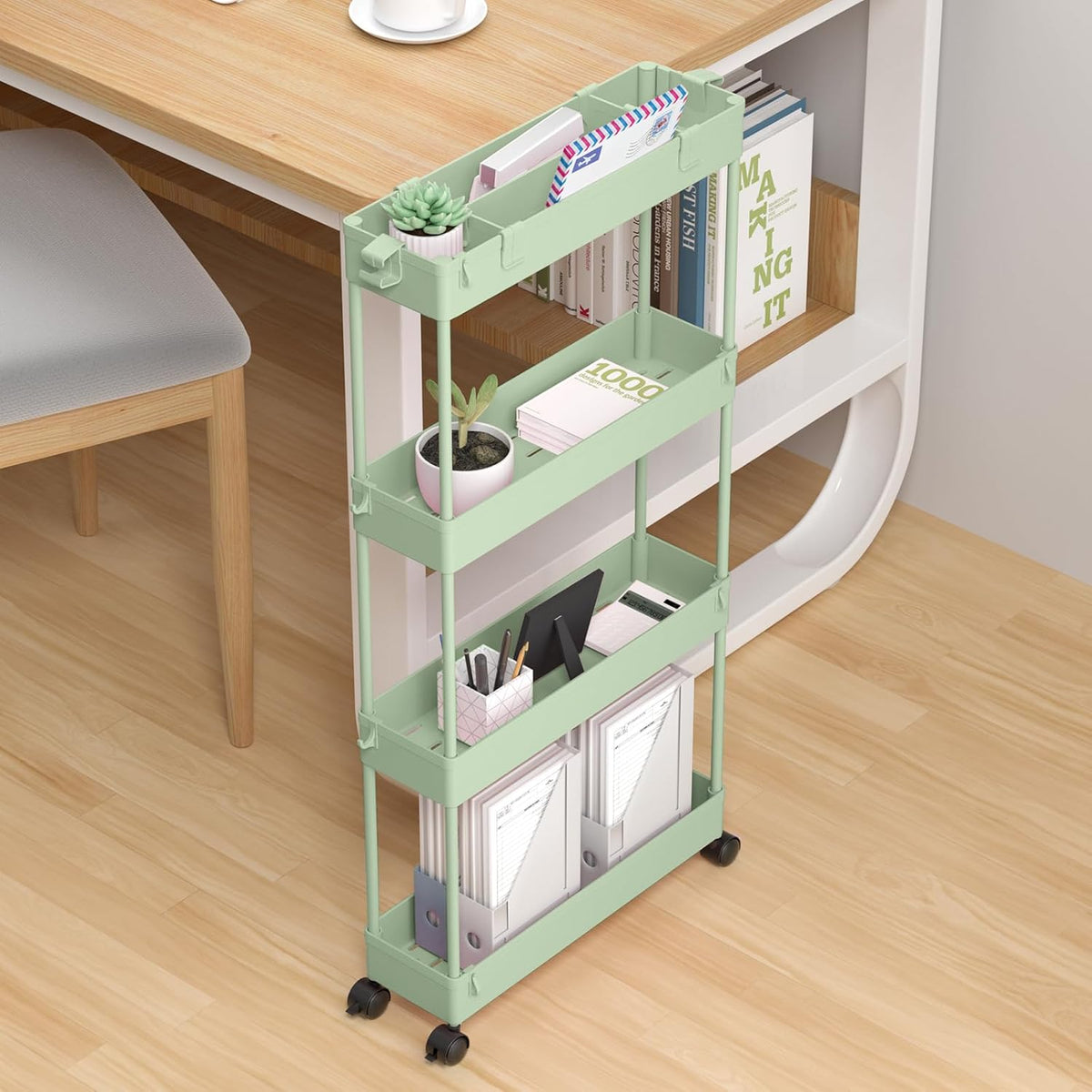 SPACELEAD Slim Storage Cart 4 Tier,Bathroom Organizer Rolling Utility,Mobile Shelving Unit Slide Out for Office, Kitchen, Laundry Room & Narrow Places,Green