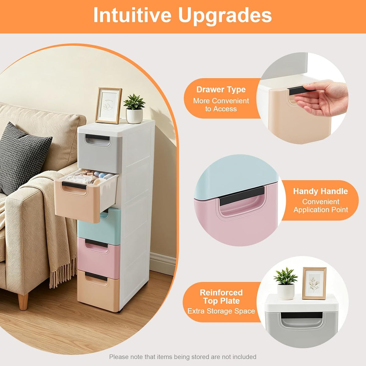 5-Drawer Storage Cabinet, Narrow Slim Organizer, Light Colors