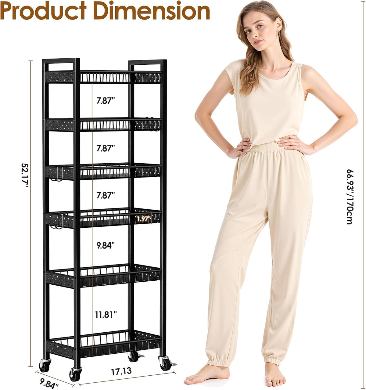 6 Tier Slim Storage Cart, Narrow Rolling Cart with Wheels, 10in(W)