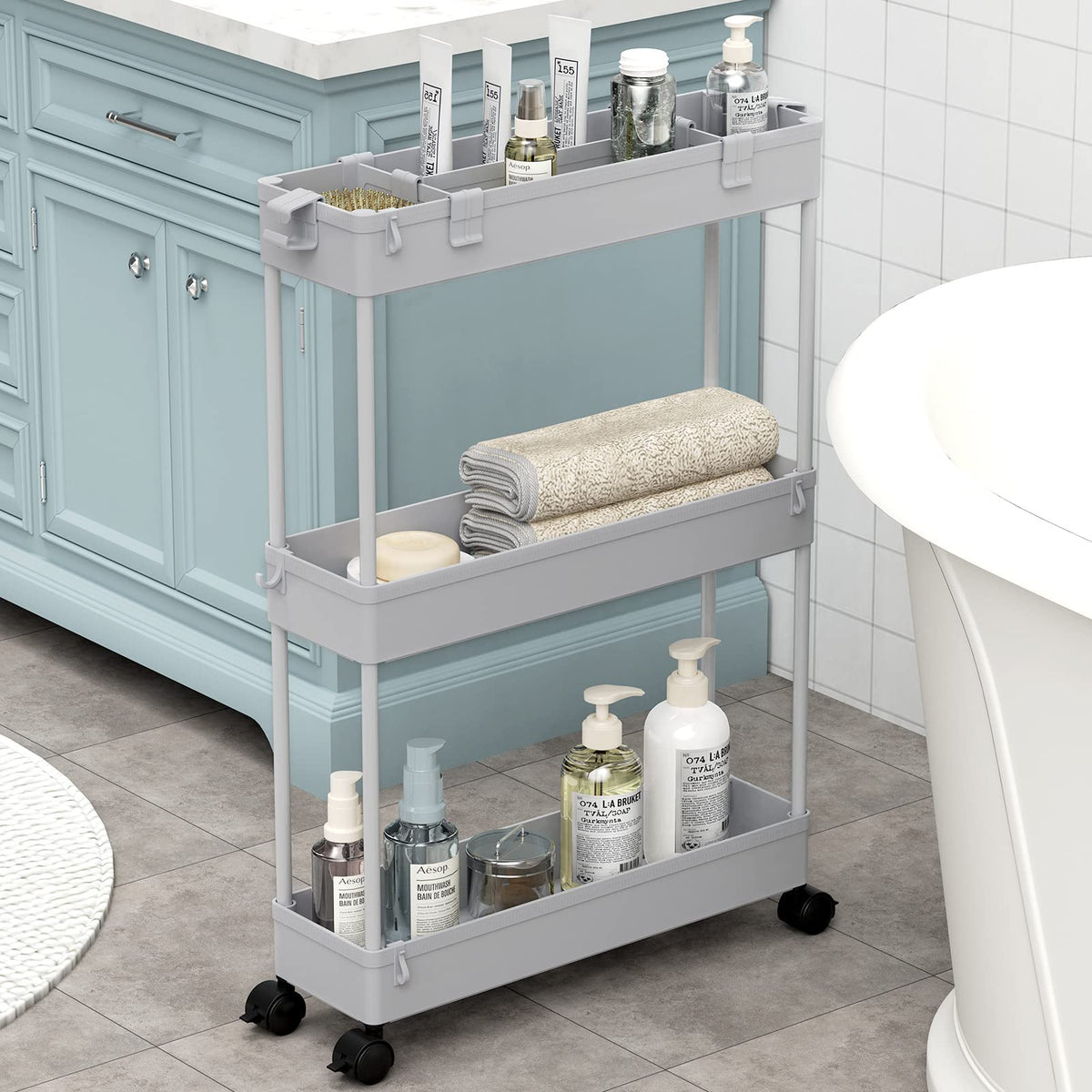 2 Pack 3 Tier Slim Storage Cart, Bathroom Rolling Utility Organizer