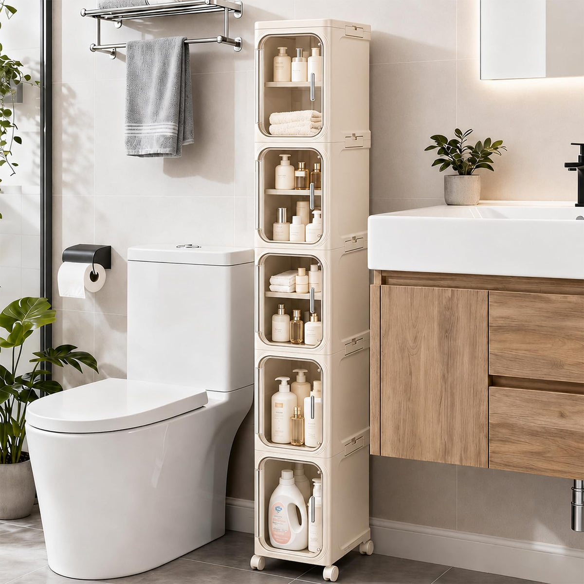 Narrow Slim Bathroom Storage Cabinet with Wheels, 4-Tier White