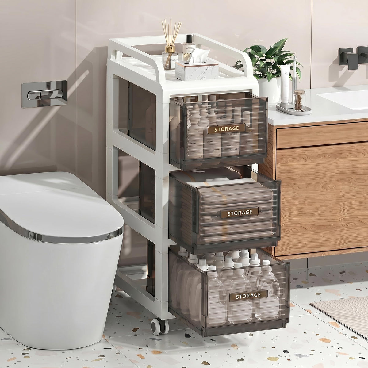 Bathroom Storage with Drawers, 7.87" Wide Slim Cabinet with Wheels