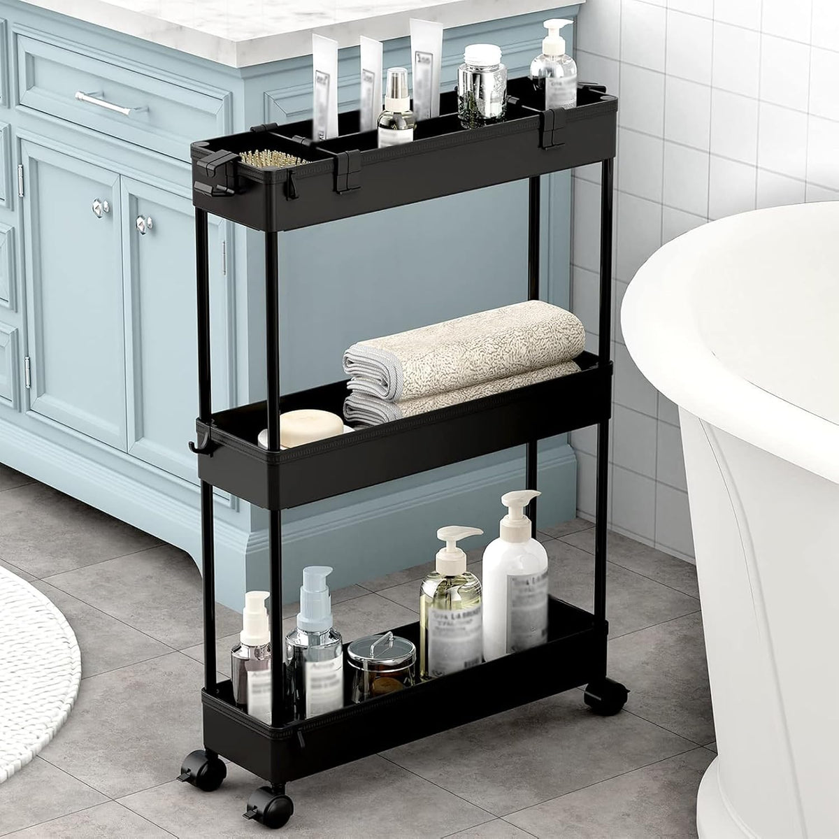 2 Pack 3 Tier Slim Storage Cart, Bathroom Rolling Utility Organizer