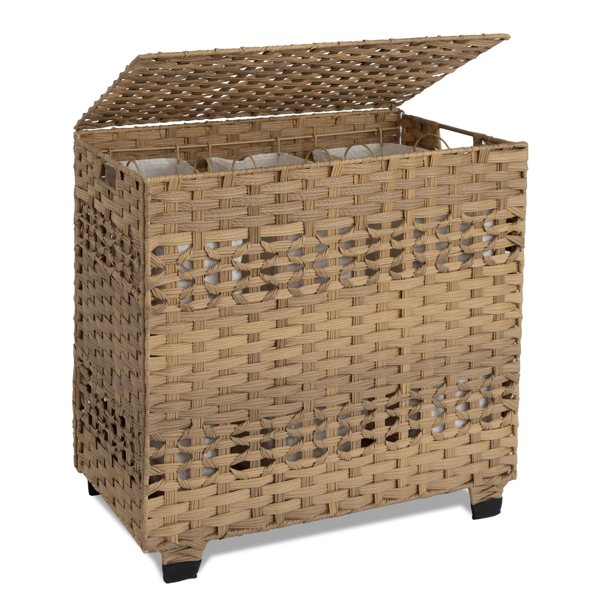 OIAHOMY Laundry Hamper with Lid, 140L Clothes Hamper with 3 Removable Liner Bags, Foldable Basket with Lid, Synthetic Wicker Laundry Basket for Bedroom, 27x 13 x 26 Inches, Yellow