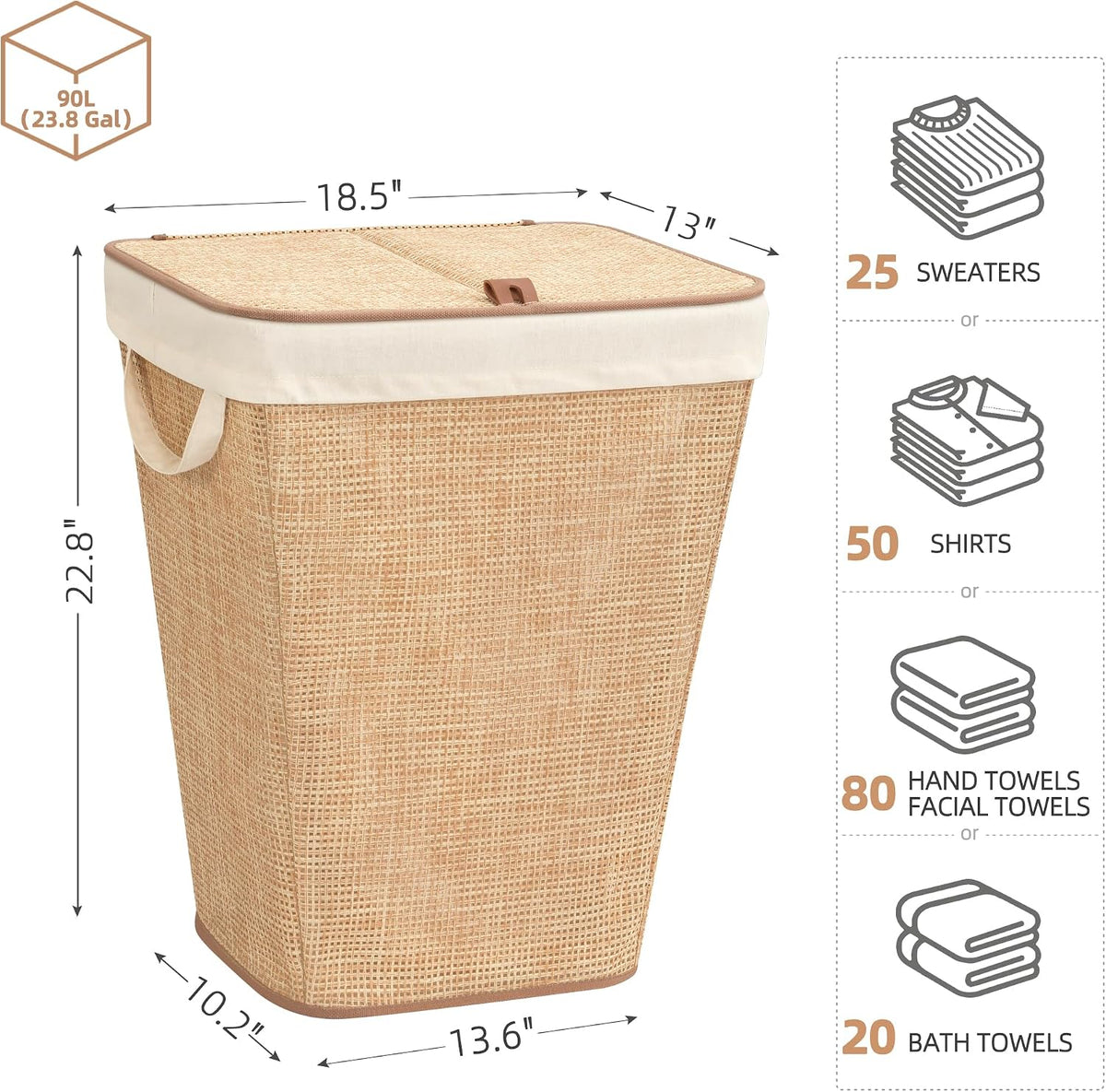 STORAGE MANIAC 90L Laundry Hamper with Lid Laundry Basket, Rattan Beige