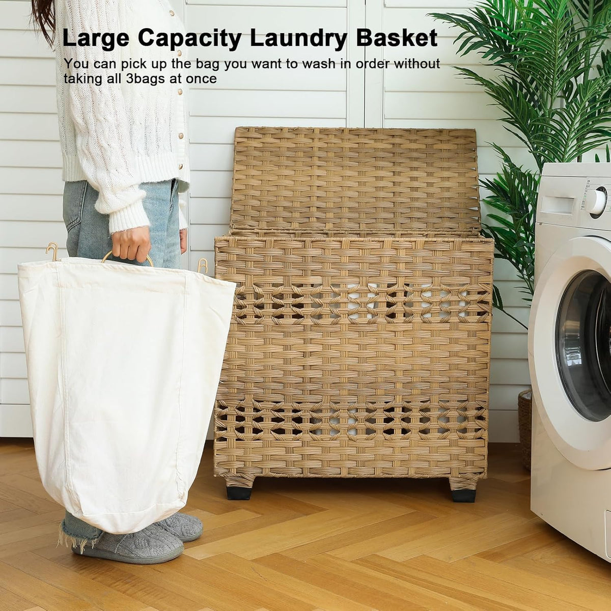 OIAHOMY Laundry Hamper with Lid, 140L Clothes Hamper with 3 Removable Liner Bags, Foldable Basket with Lid, Synthetic Wicker Laundry Basket for Bedroom, 27x 13 x 26 Inches, Yellow