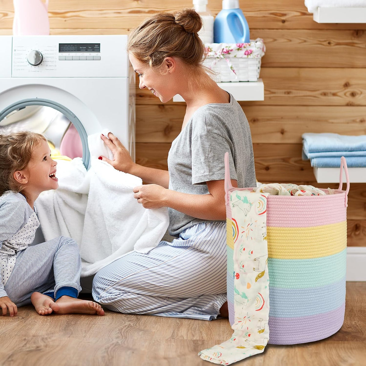 XUANGUO Rope Laundry Basket Hamper for Kids Girl, rainbow