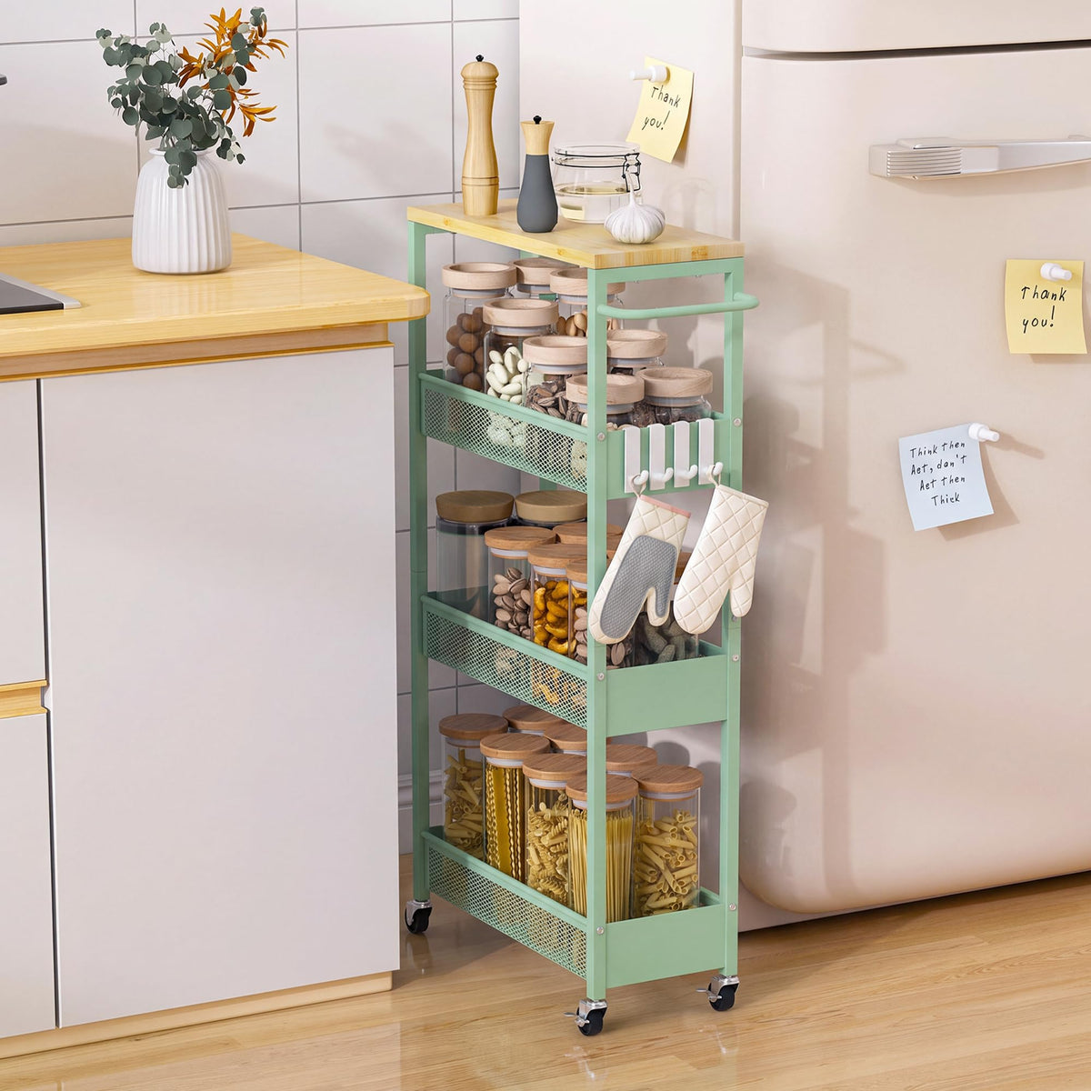 7.1" Wide Slim Storage Cart on Wheels, 4 Tier Metal Narrow Rolling Cart with Handle and Wood Top, Multifunctional Small Mobile Shelf Unit Organizer Trolley for Laundry, Bathroom, Kitchen