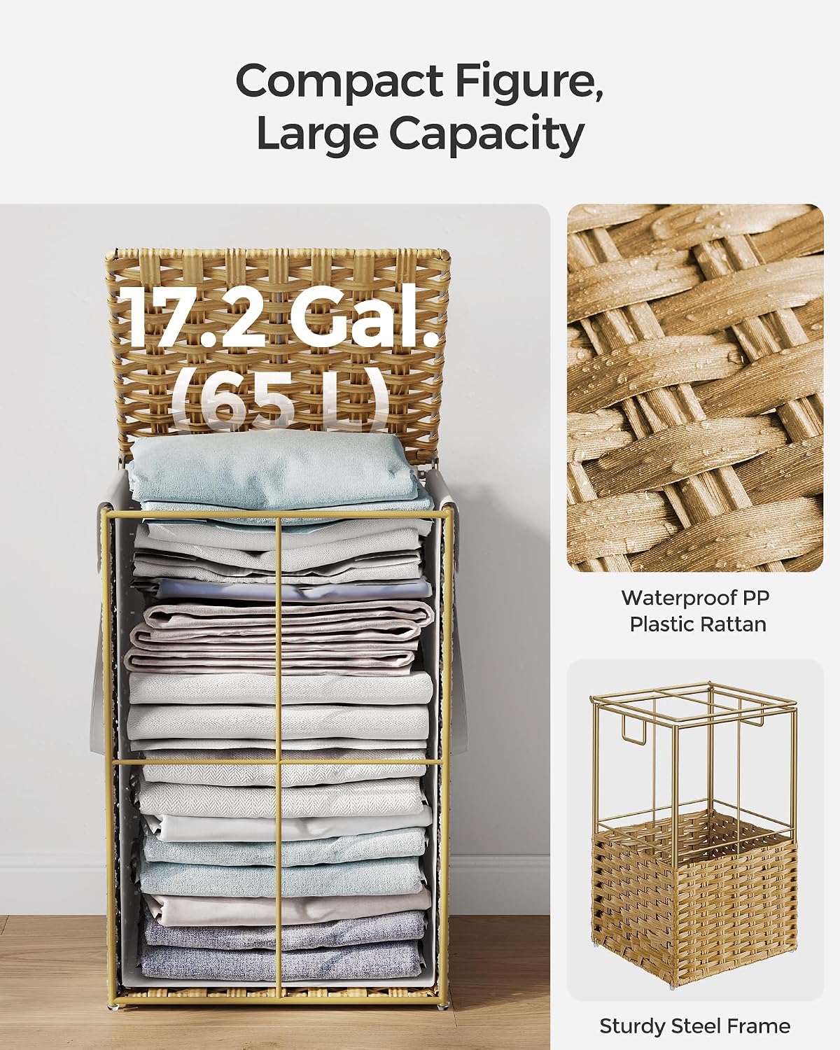 SONGMICS Laundry Hamper with Lid, 17.2 Gallon (65 L) Synthetic Rattan Clothes Laundry Basket with Lid and Handles, Foldable, Removable Liner, Goose Yellow ULCB165N01