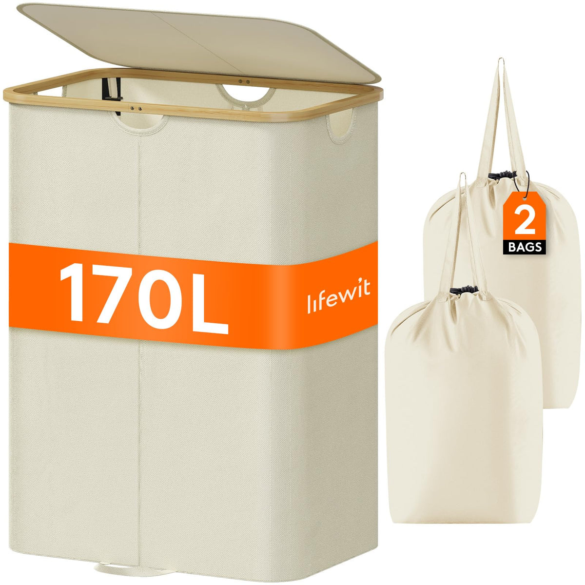 Lifewit 65L Slim Laundry Hamper with Lid and Removable Bag, Beige