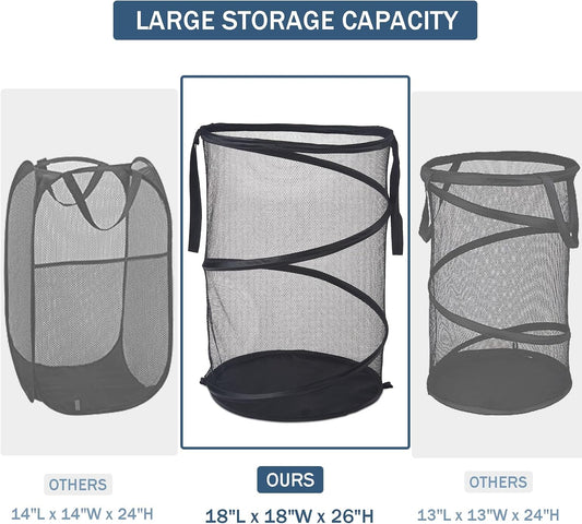 Seiritex Mesh Popup Laundry Hamper 115L Foldable Laundry Basket Extra Large Capacity Collapsible Clothing Storage Basket with Handles 26 H x 18 W x 18 L (Black)