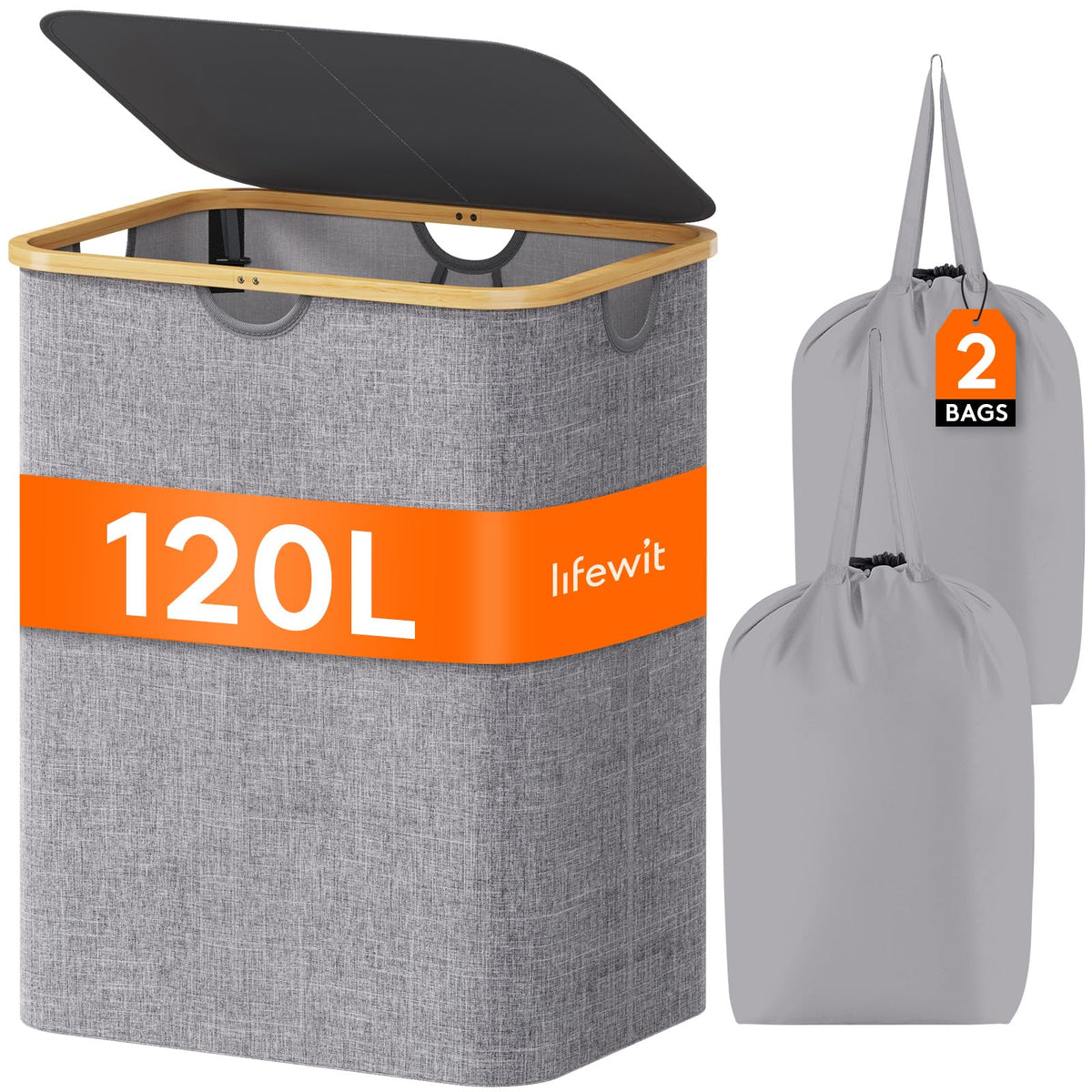 Lifewit 150L Large Laundry Basket with Lid, 2 Removable Bags, Beige