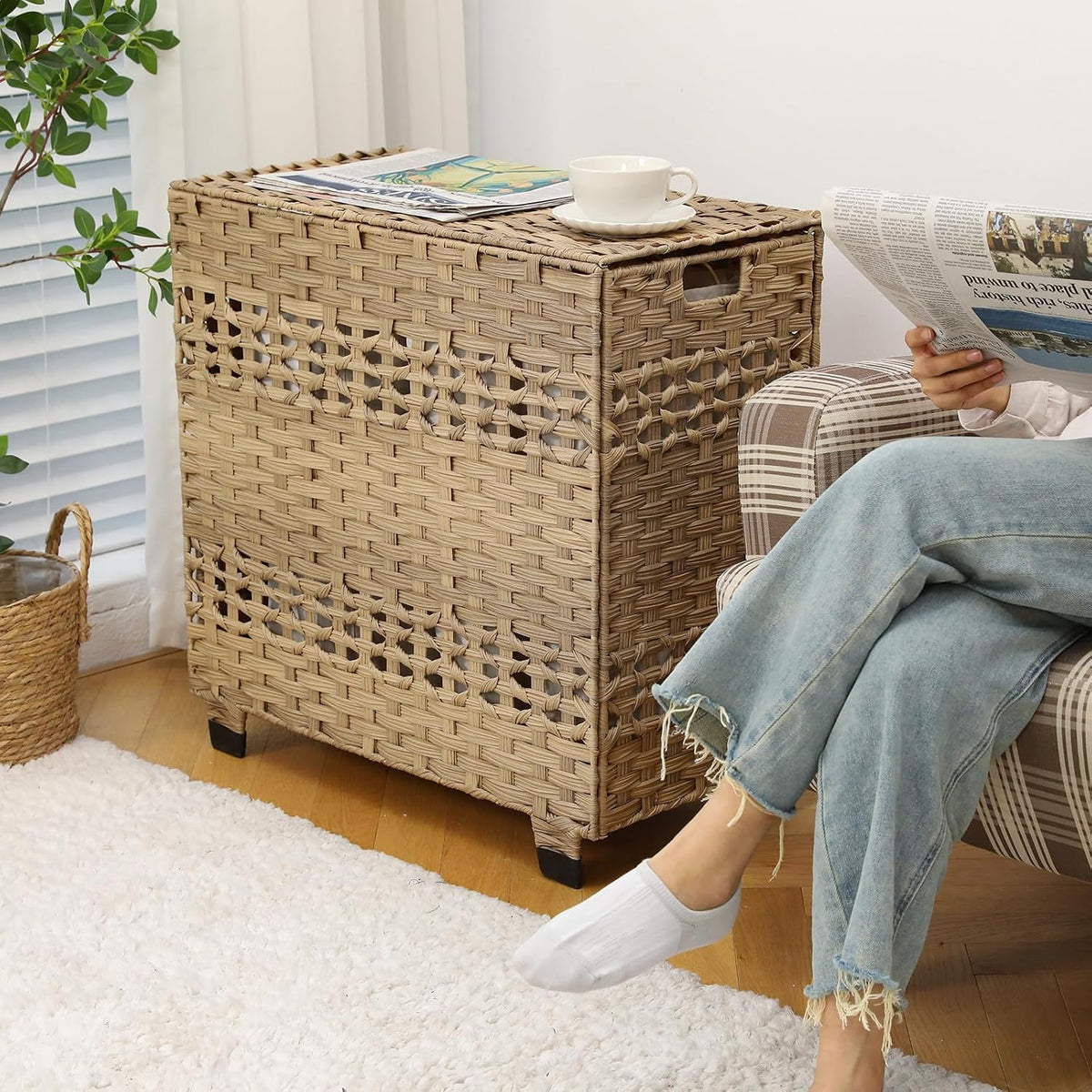 OIAHOMY Laundry Hamper with Lid, 140L Clothes Hamper with 3 Removable Liner Bags, Foldable Basket with Lid, Synthetic Wicker Laundry Basket for Bedroom, 27x 13 x 26 Inches, Yellow