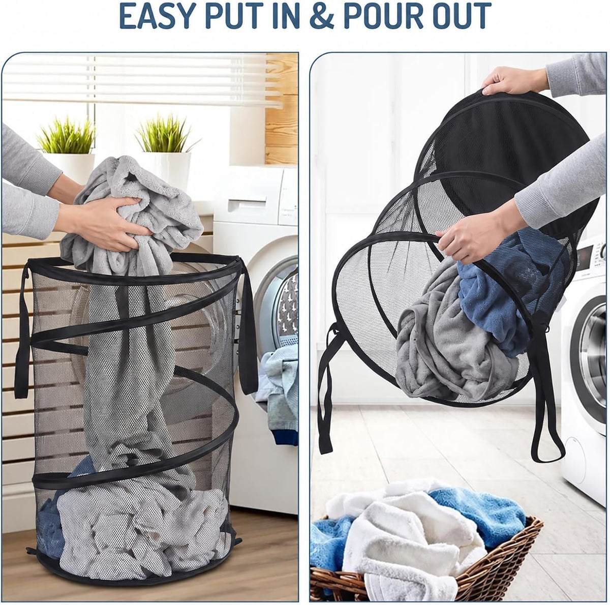 Seiritex Mesh Popup Laundry Hamper 115L Foldable Laundry Basket Extra Large Capacity Collapsible Clothing Storage Basket with Handles 26 H x 18 W x 18 L (Black)