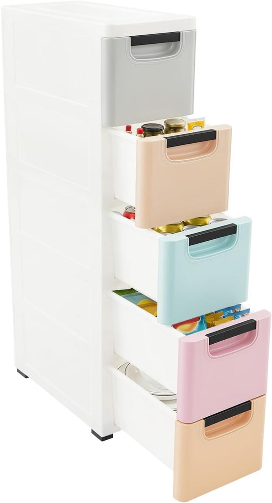 5-Drawer Storage Cabinet, Narrow Slim Organizer, Light Colors