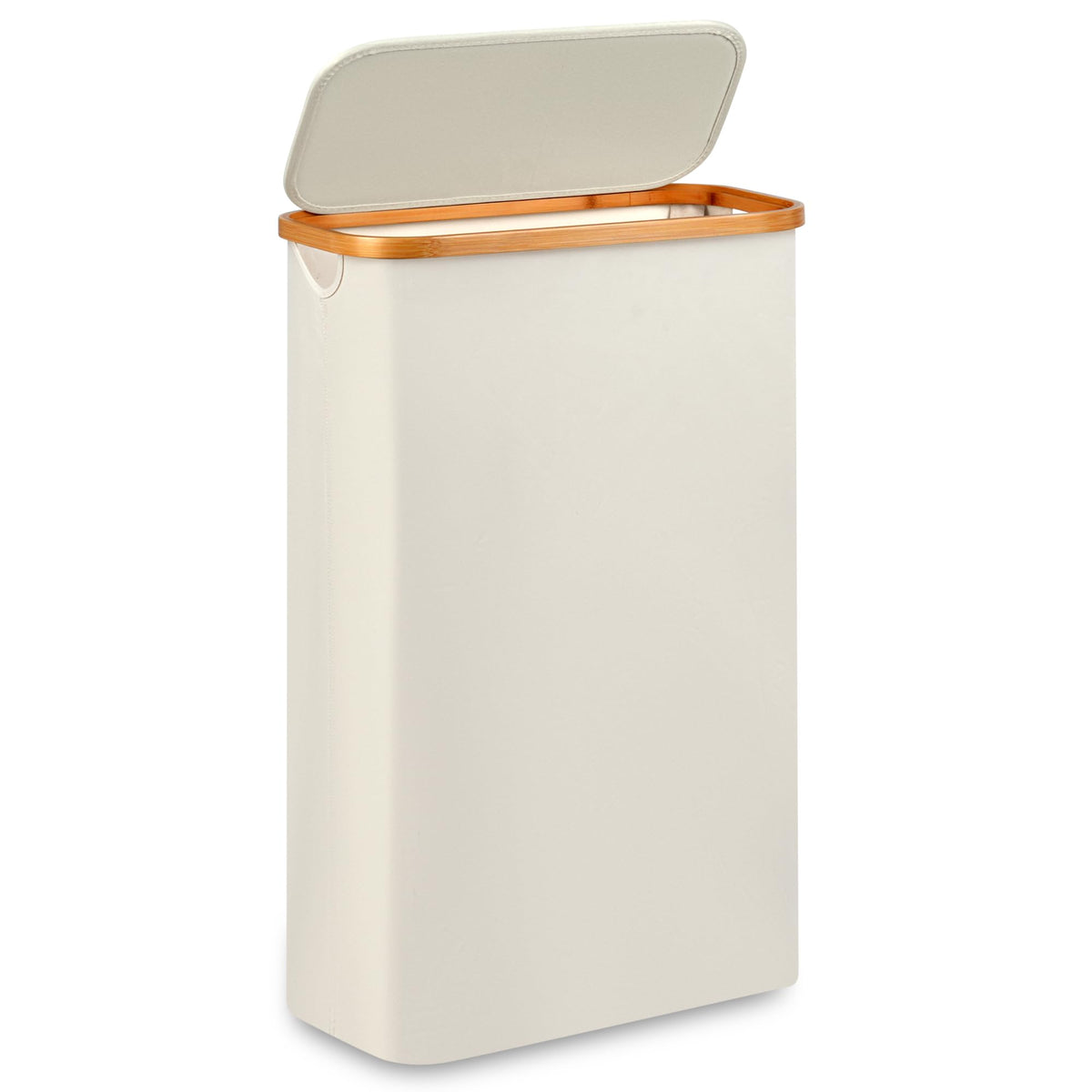 Slim Laundry Hamper,Narrow laundry Hamper with Lid,60L Hamper for Laundry,Dirty Cloth Hamper with Bamboo Handle for Towels, Clothes Organizing,Beige