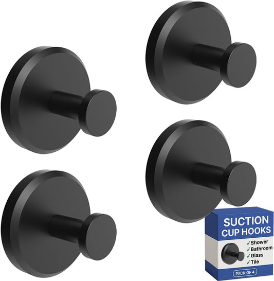 HOME SO Suction Cup Hooks for Shower & Bathroom Towel Holder 4-Pack Black