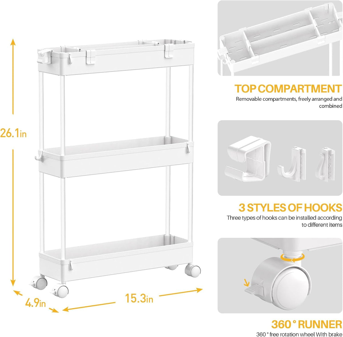 SPACELEAD Slim Storage Cart 3 Tier,Bathroom Organizer Rolling Utility, Mobile Shelving Unit Slide Out for Office, Kitchen, Laundry Room & Narrow Places,White