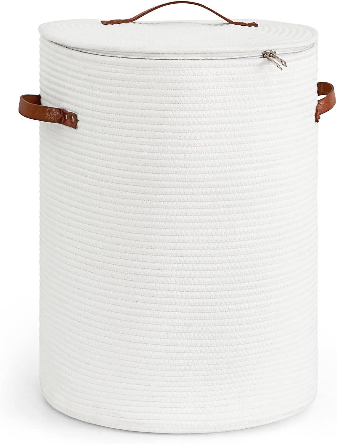 CHICVITA Large Woven Laundry Hamper with Lid & Leather Handles, 60L, White