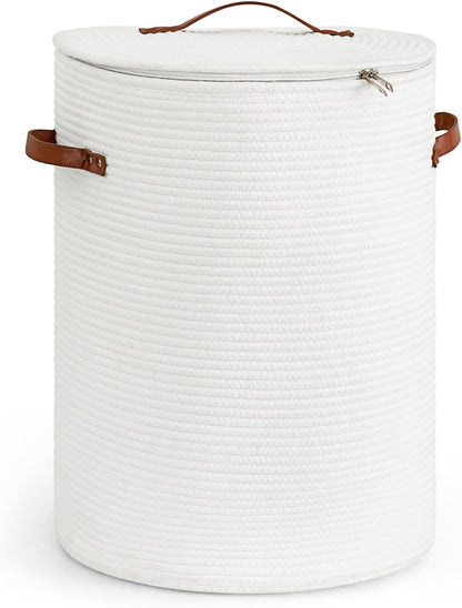 CHICVITA Large Woven Laundry Hamper with Lid & Leather Handles, 60L, White