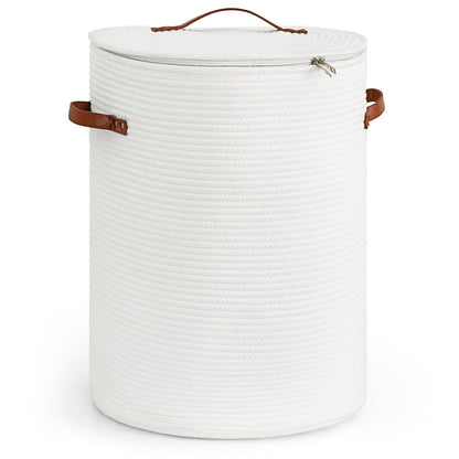 CHICVITA Large Woven Laundry Hamper with Lid & Leather Handles, 60L, White