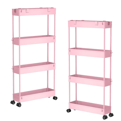 SPACELEAD Slim Storage Cart 4 Tier,Bathroom Organizer Rolling Utility,Mobile Shelving Unit Slide Out for Office, Kitchen, Laundry Room & Narrow Places,Pink