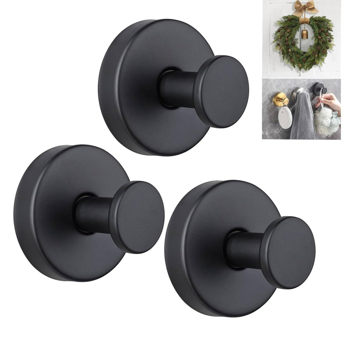 Suction Cup Hooks for Wreaths, 2025 New No Drill Suction Cup Hooks for Shower Hanging Towels, Wreath Hanger for Front Door, Holder for Glass Window Door Bathroom Mirrors (3pcs, Black)